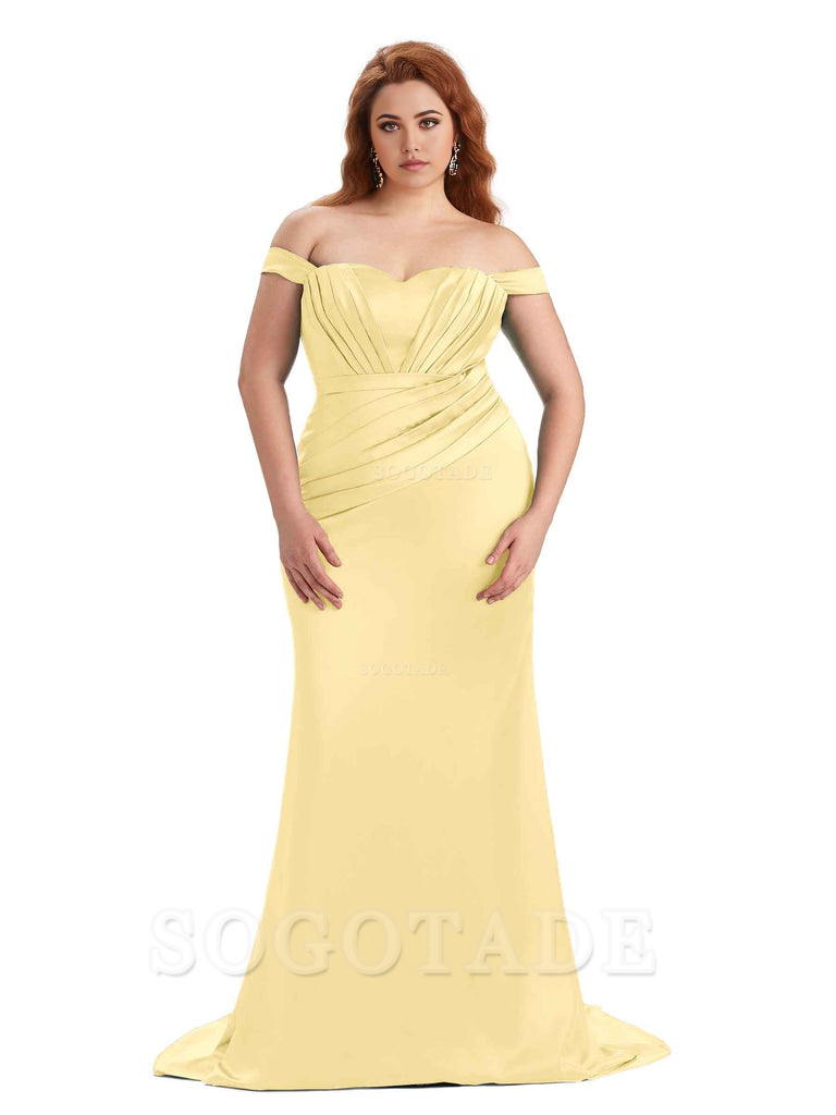 Sexy Mermaid Off The Shoulder Sweetheart Soft Satin Floor Length Long Plus Size Maid of Honor Dresses