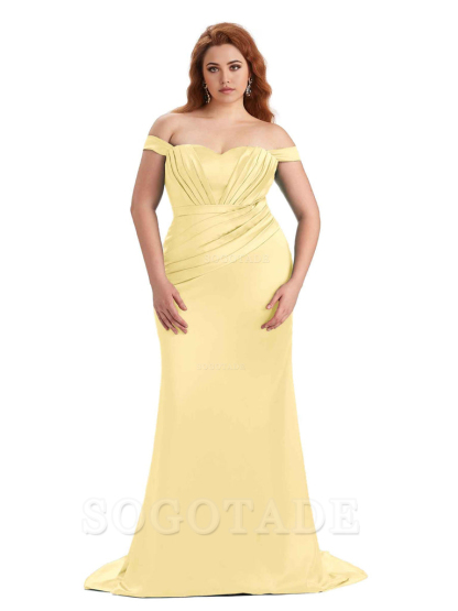 Sexy Mermaid Off The Shoulder Sweetheart Soft Satin Floor Length Long Plus Size Maid of Honor Dresses
