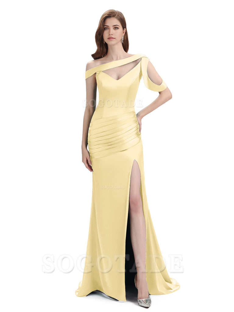 Mermaid V-Neck Satin Floor-Length formal dresses evening gown Bridesmaid Dresses With Side Slit 