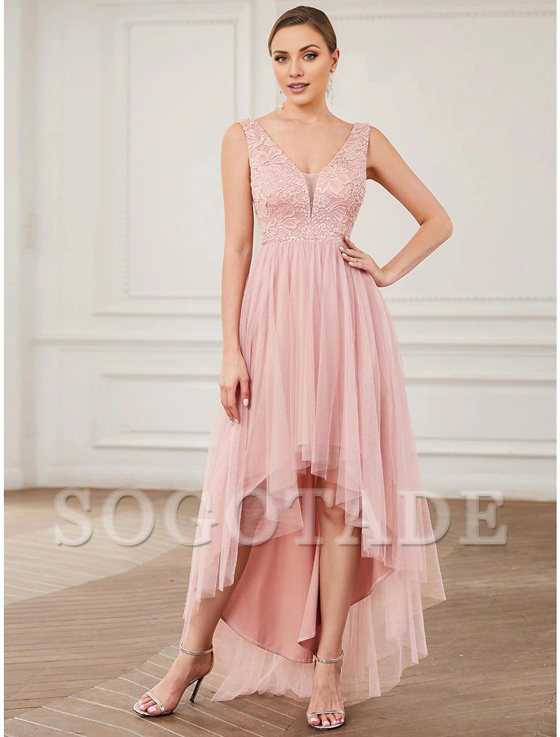 A-Line Bridesmaid Dress V Neck Sleeveless Elegant Short / Mini Lace / Tulle with Draping / Ruching-SOGOTADE