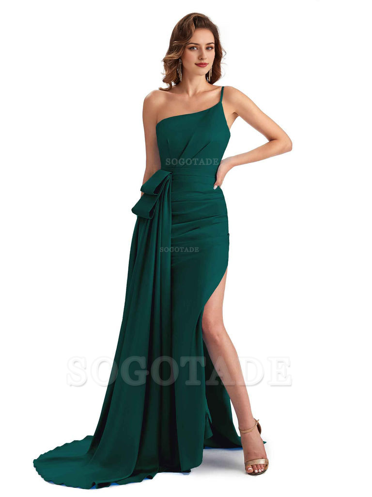 Sexy Side Slit Mermaid Silky Satin One Shoulder Modern Maxi Bridesmaid Dresses
