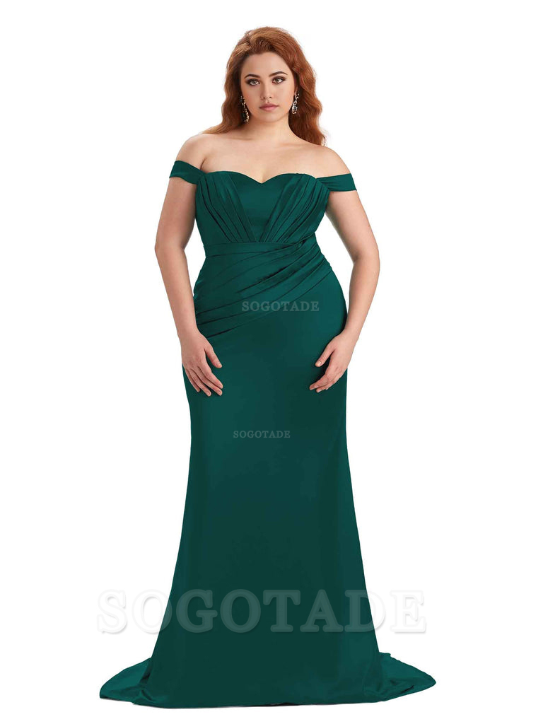 Sexy Mermaid Off The Shoulder Sweetheart Soft Satin Floor Length Long Plus Size Maid of Honor Dresses