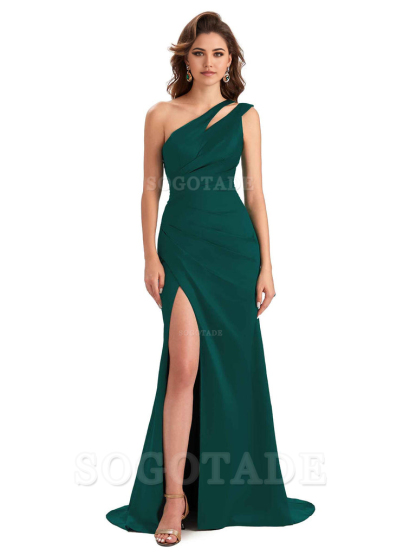 Mermaid One Shoulder Satin Sexy formal dresses evening gown Bridesmaid Dresses With Side Slit 