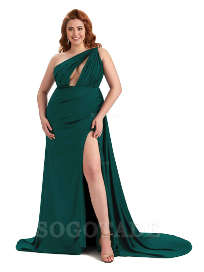 One Shoulder Sleeveless Sexy Side Slit Mermaid Soft Satin Long Plus Size Bridesmaid Dresses Online