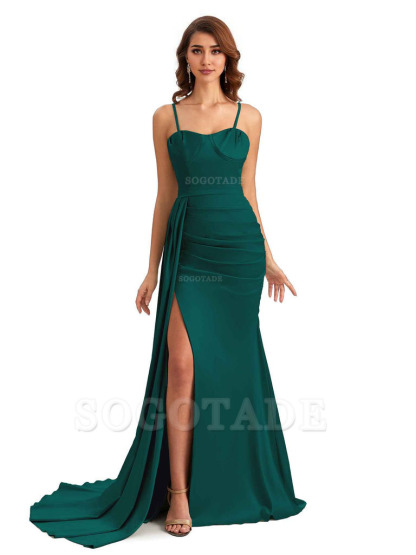 Sexy Spaghetti Straps Side Slit Mermaid Unique Long Bridesmaid Dresses In Satin