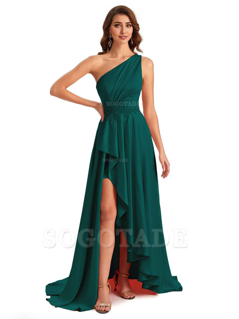 Sexy One Shoulder A-Line High Low Silky Satin Lace Long Formal Wedding Guest Dresses