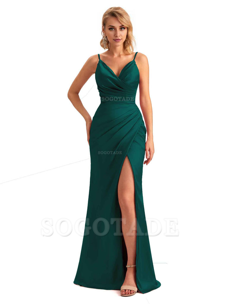 Sexy Side Slit V-Neck Mermaid Silky Satin Unique Long Formal Ladies Bridesmaid Dresses