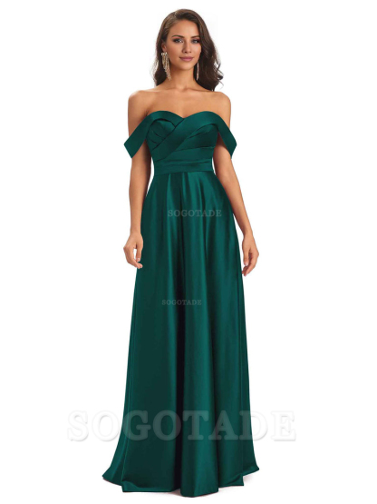 Sexy Soft Satin Off The Shoulder A-Line Long Bridesmaid Dresses Elegant Evening Party Dress