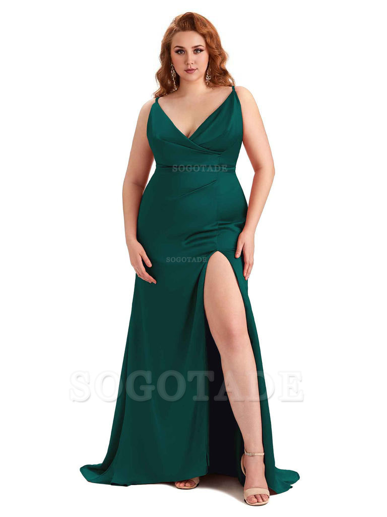 Sexy Side Slit Spaghetti Straps Mermaid Soft Satin Fashion Bridesmaid Dresses