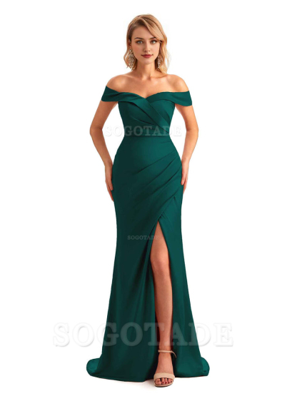 Off Shoulder Side Slit Mermaid Silky Satin Unique Long Formal Wedding Guest Dresses Online