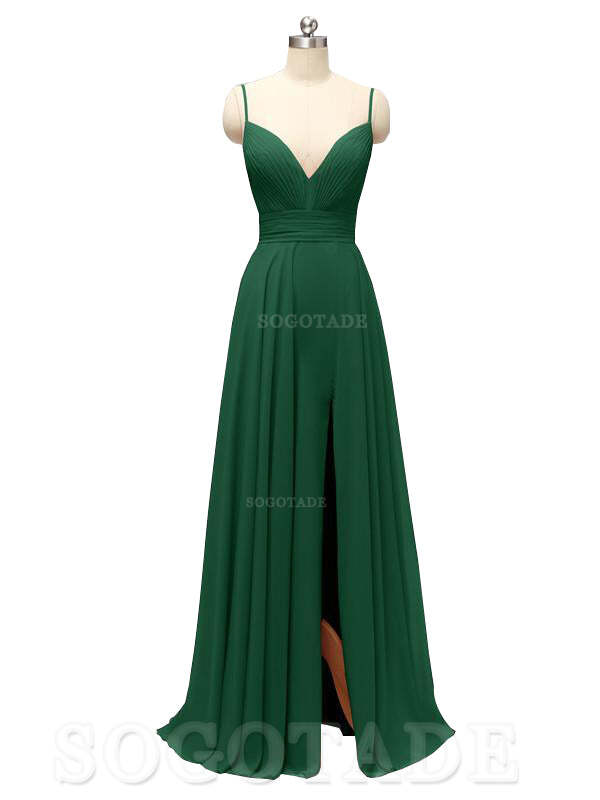 Honest Chiffon Spaghetti Straps Slit Long Bridesmaid Dresses prom shop dresses