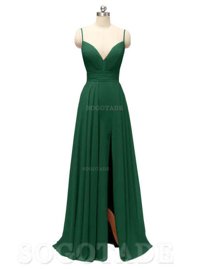 Honest Chiffon Spaghetti Straps Slit Long Bridesmaid Dresses prom shop dresses