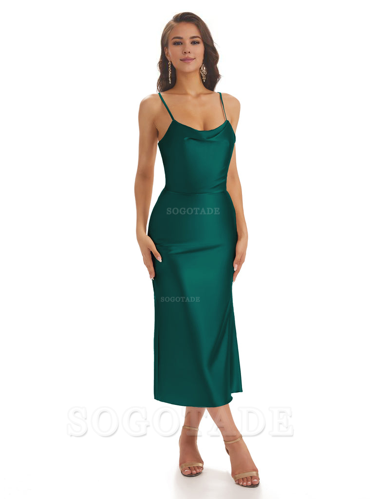 Sexy Soft Satin Spaghetti Strap Tea-Length Midi Short Bridesmaid Dresses prom shop dresses