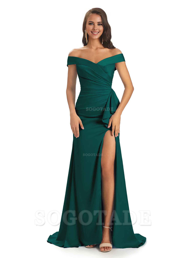 Sexy Soft Satin Side Slit Off The Shoulder Maxi Long Mermaid Bridesmaid Dresses prom shop dresses
