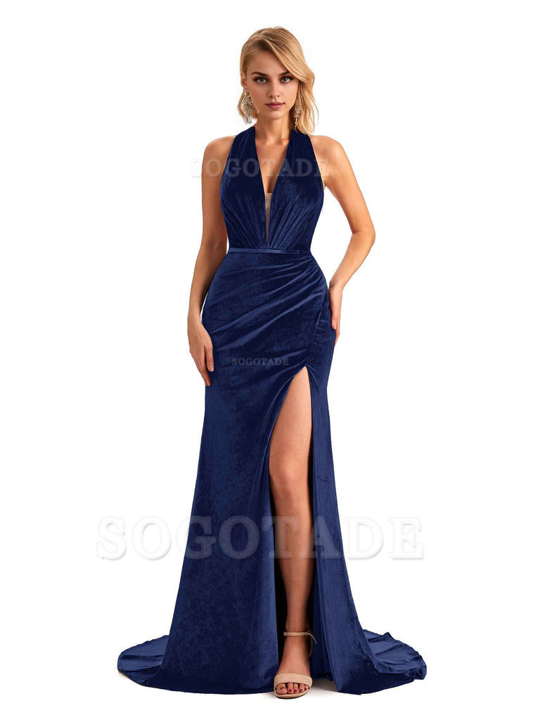 Sexy Deep V Neck Backless Mermaid Halter Side Slit Velvet Long Bridesmaid Dresses Online