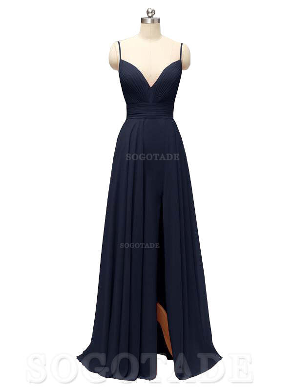 Honest Chiffon Spaghetti Straps Slit Long Bridesmaid Dresses prom shop dresses