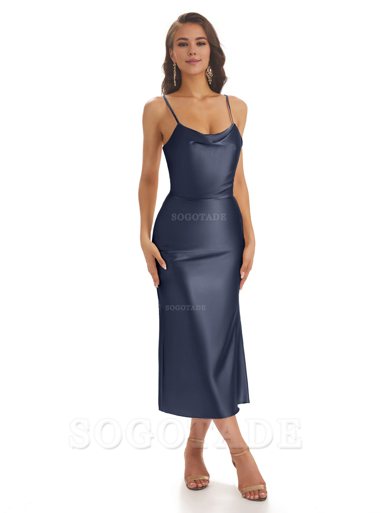 Sexy Soft Satin Spaghetti Strap Tea-Length Midi Short Bridesmaid Dresses prom shop dresses