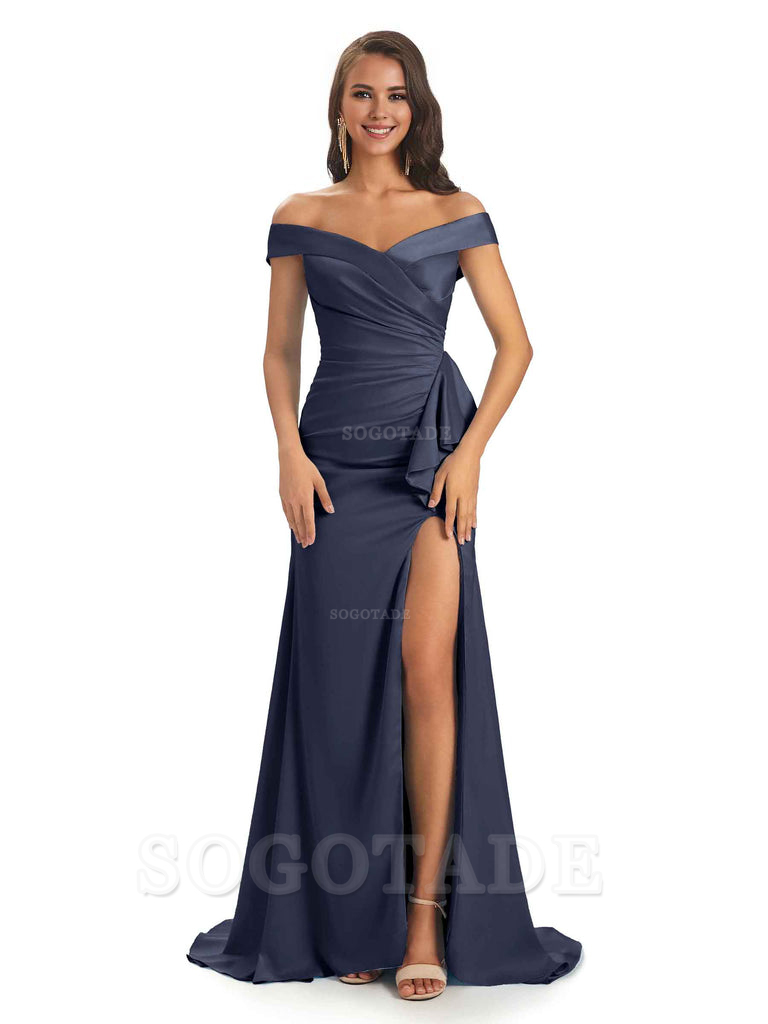 Sexy Soft Satin Side Slit Off The Shoulder Maxi Long Mermaid Bridesmaid Dresses prom shop dresses