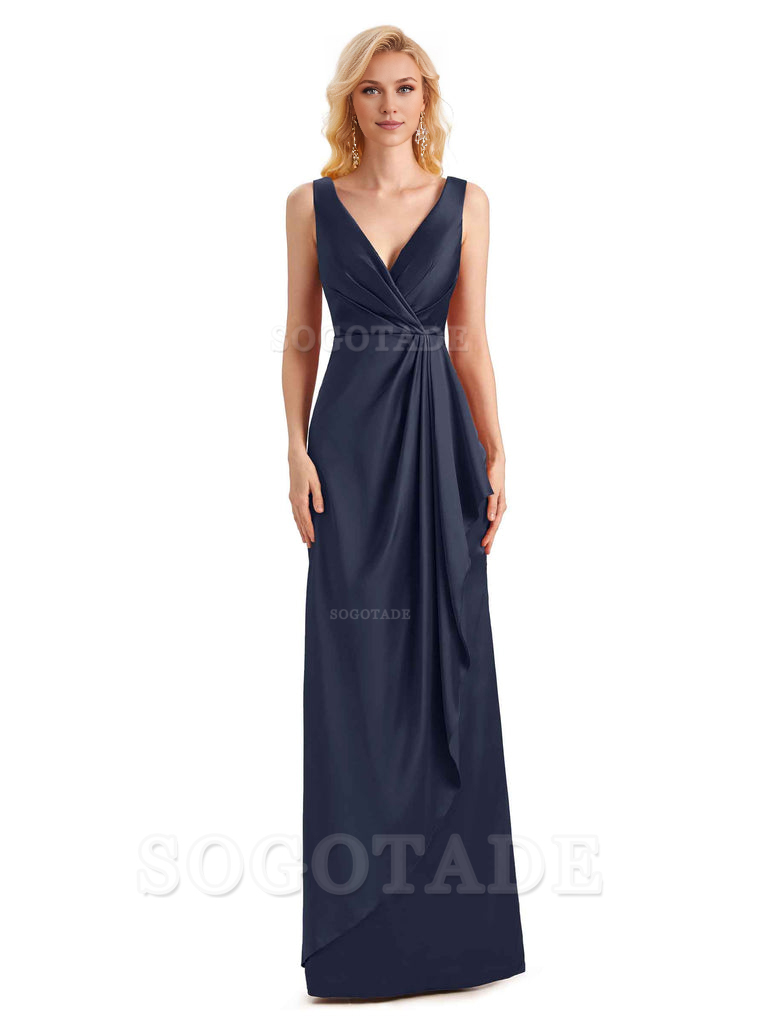 V Neck Elegant Soft Satin Formal Long Maid Bridesmaid Dresses Formal Wear Dresses