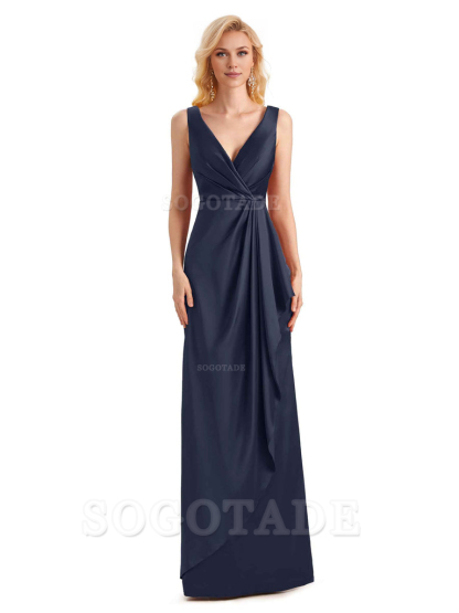 V Neck Elegant Soft Satin Formal Long Maid Bridesmaid Dresses Formal Wear Dresses