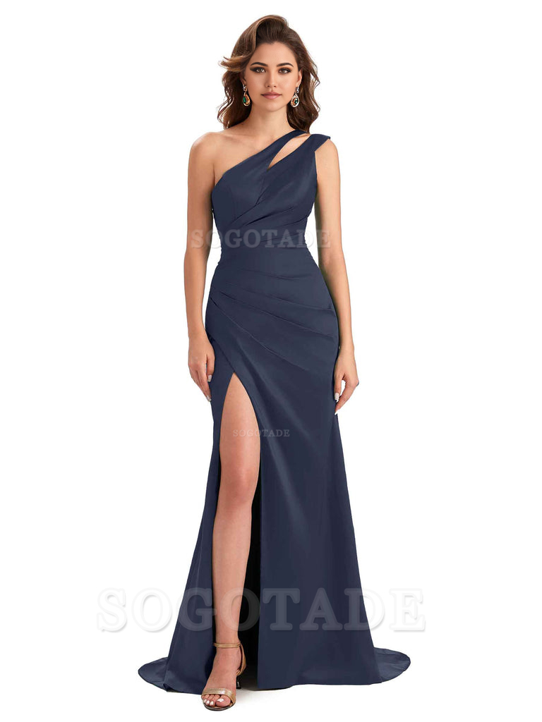 Mermaid One Shoulder Satin Sexy formal dresses evening gown Bridesmaid Dresses With Side Slit 