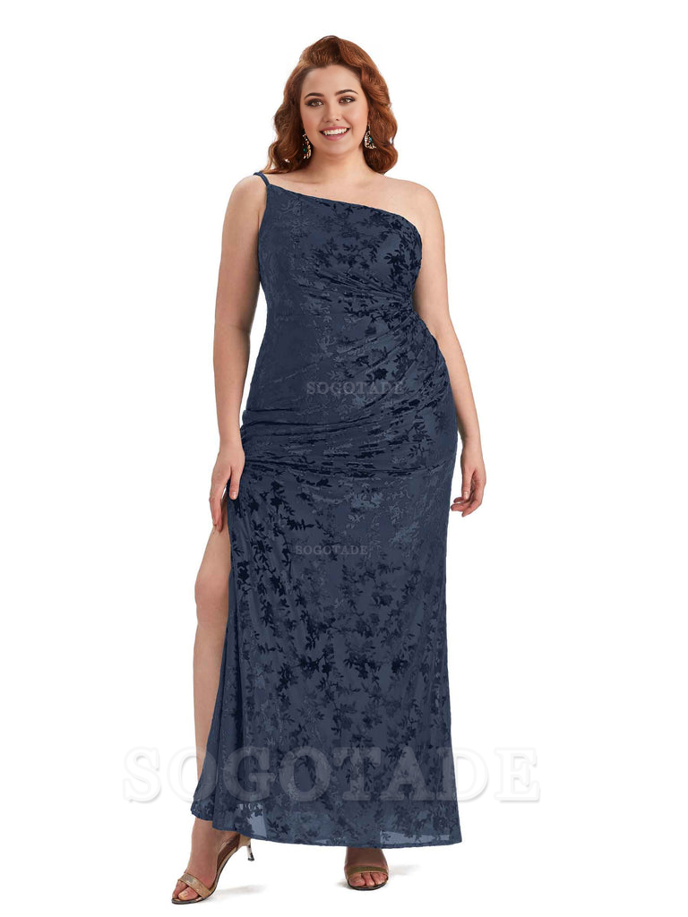 Sexy Mermaid Sleeveless One Shoulder Side Slit Floral Velvet Long Plus Size Bridesmaid Dresses
