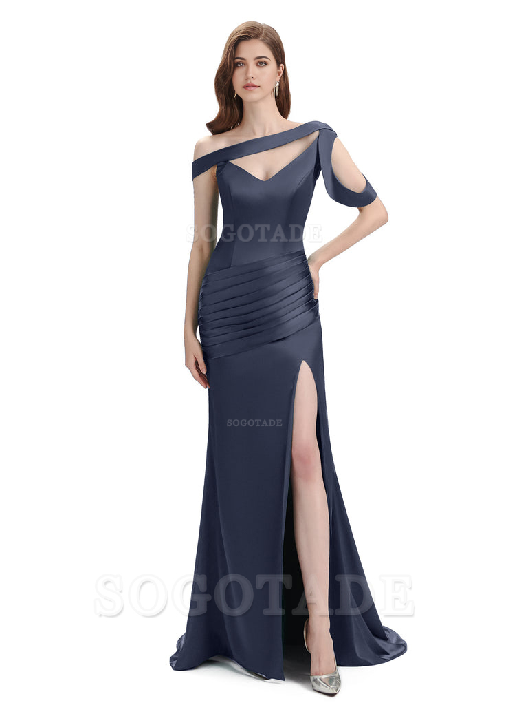 Mermaid V-Neck Satin Floor-Length formal dresses evening gown Bridesmaid Dresses With Side Slit 