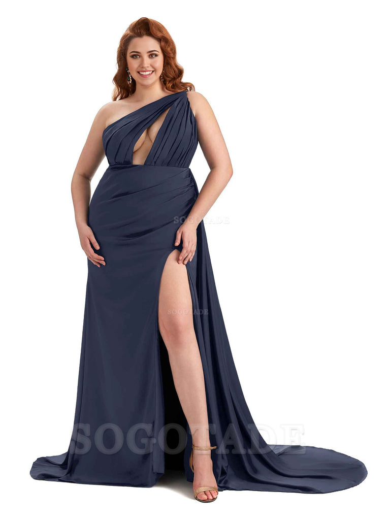 One Shoulder Sleeveless Sexy Side Slit Mermaid Soft Satin Long Plus Size Bridesmaid Dresses Online