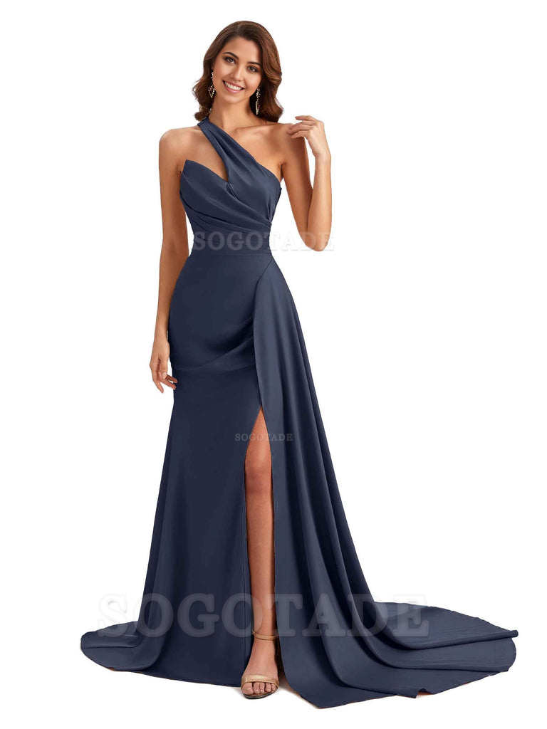 Mermaid One shoulder Satin formal dresses evening gown Bridesmaid Dresses With Side Slit 