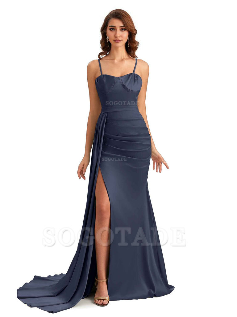 Sexy Spaghetti Straps Side Slit Mermaid Unique Long Bridesmaid Dresses In Satin