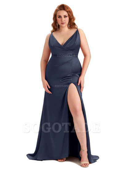 Sexy Side Slit Spaghetti Straps Mermaid Soft Satin Fashion Bridesmaid Dresses