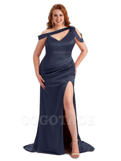 Sexy V-Neck Side Slit Unique Mermaid Soft Satin Long Plus Size Bridesmaid Dress For Wedding