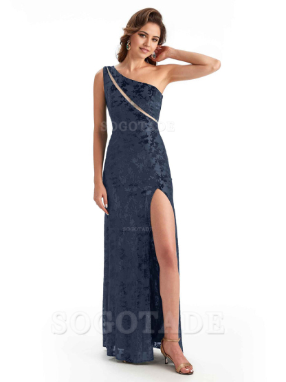 Sexy One Shoulder Side Slit Mermaid Floral Velvet See Through Long Bridesmaid Dresses
