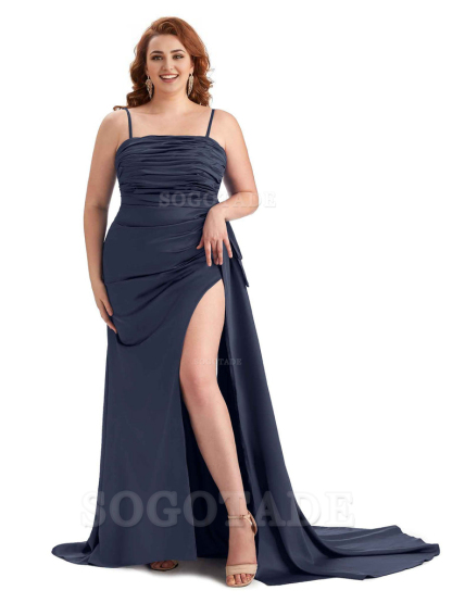 Sexy Side Slit Spaghetti Straps Mermaid Soft Satin Long Plus Size Bridesmaid Dresses Online