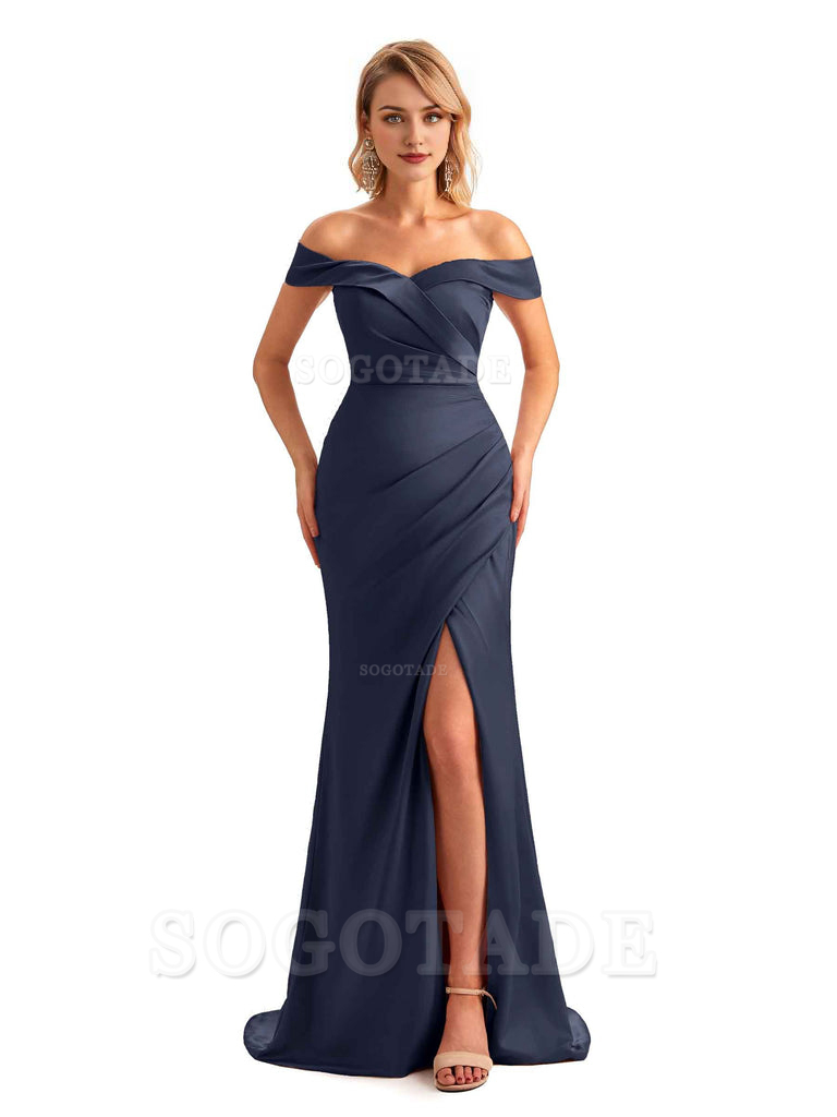 Off Shoulder Side Slit Mermaid Silky Satin Unique Long Formal Wedding Guest Dresses Online