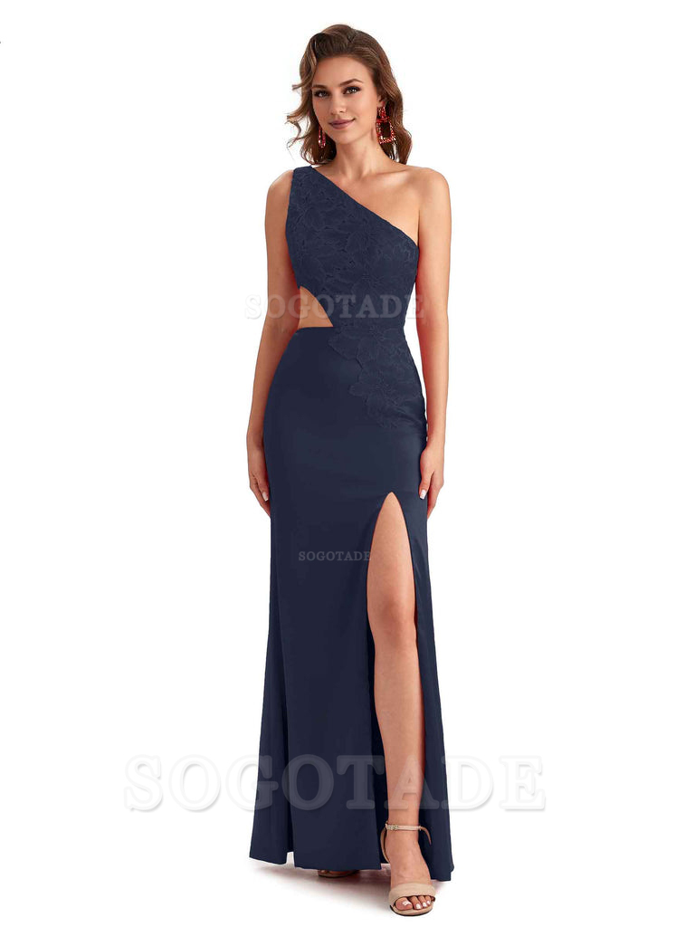 Sexy Side Slit Mermaid Lace Silky Satin One Shoulder Chic Long Bridesmaid Dresses