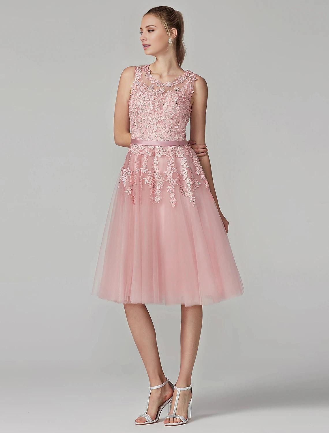 A-Line Cute Dress Cocktail Party Prom Knee Length Sleeveless Illusion Neck Tulle Over Lace with Beading Appliques-SOGOTADE