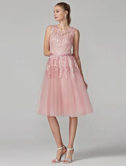 A-Line Cute Dress Cocktail Party Prom Knee Length Sleeveless Illusion Neck Tulle Over Lace with Beading Appliques-SOGOTADE
