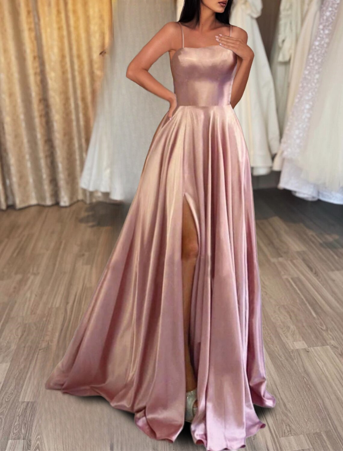 A-Line Evening Gown Backless Dress Formal Wedding Guest Sweep / Brush Train Sleeveless Spaghetti Strap Satin Backless with Slit 2024-SOGOTADE