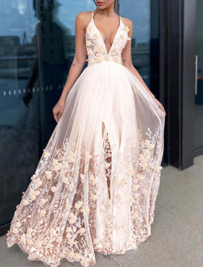 A-Line Evening Gown Party Dress Floral Dress Homecoming Wedding Guest Floor Length Short Sleeve V Neck Tulle with Draping Appliques-SOGOTADE