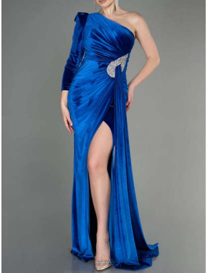 A-Line Evening Gown Christmas Elegant Dress Formal Sweep / Brush Train Long Sleeve One Shoulder Velvet with Glitter Pleats Ruched 2024-SOGOTADE