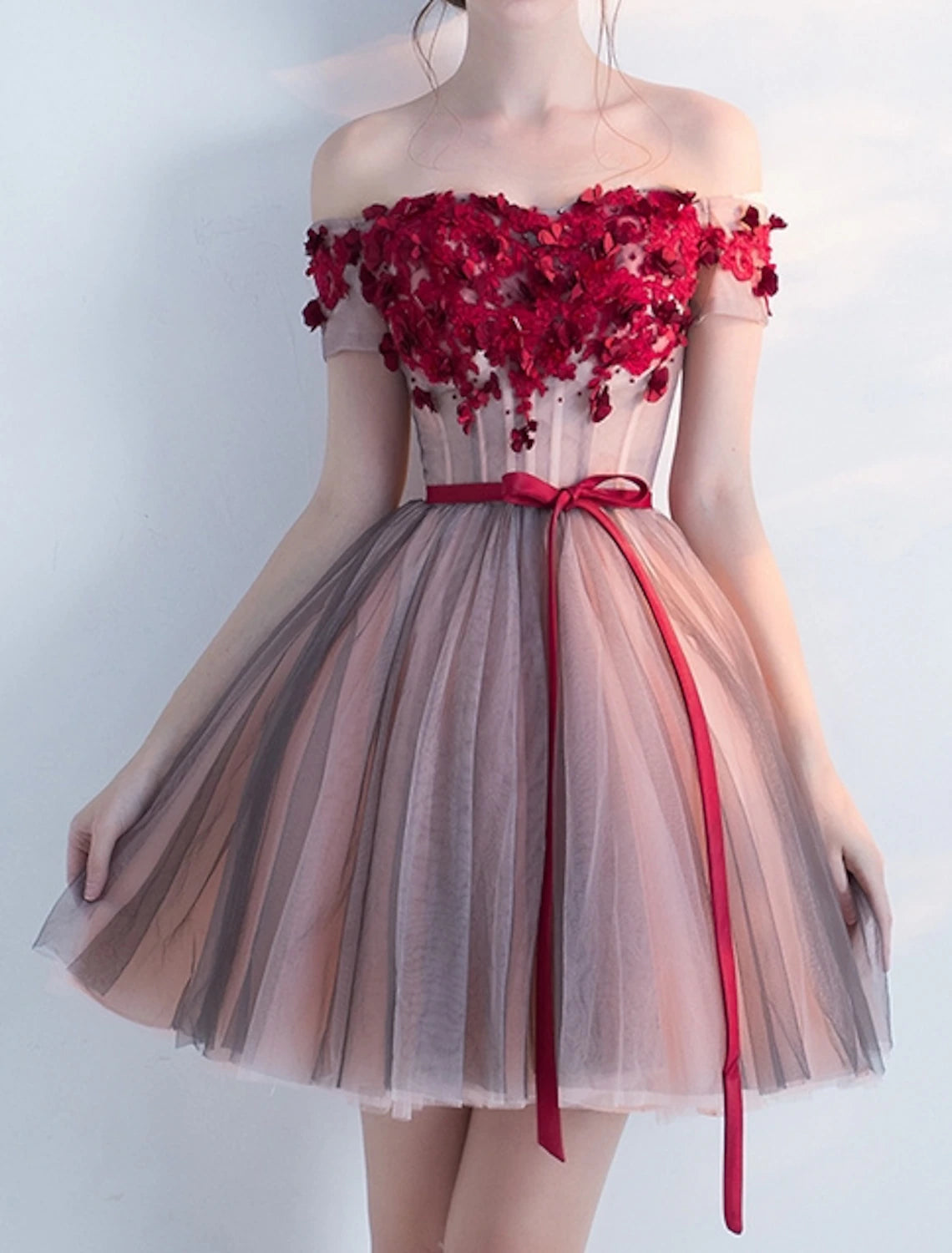 A-Line Cocktail Dresses Party Dress Valentine's Day Homecoming Short / Mini Short Sleeve Off Shoulder Pink Dress Tulle with Bow(s) Appliques-SOGOTADE