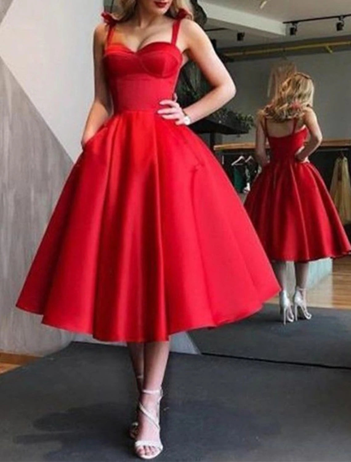 A-Line Homecoming Dresses Elegant Dress Holiday Graduation Tea Length Sleeveless Spaghetti Strap Pink Dress Satin with Pleats-SOGOTADE
