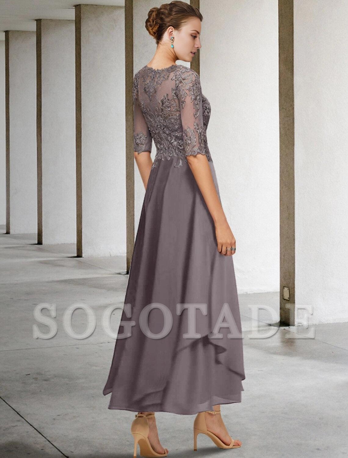 A-Line Mother of the Bride Dress Formal Wedding Guest Elegant Scoop Neck Asymmetrical Ankle Length Chiffon Lace Half Sleeve No with Beading Appliques-SOGOTADE
