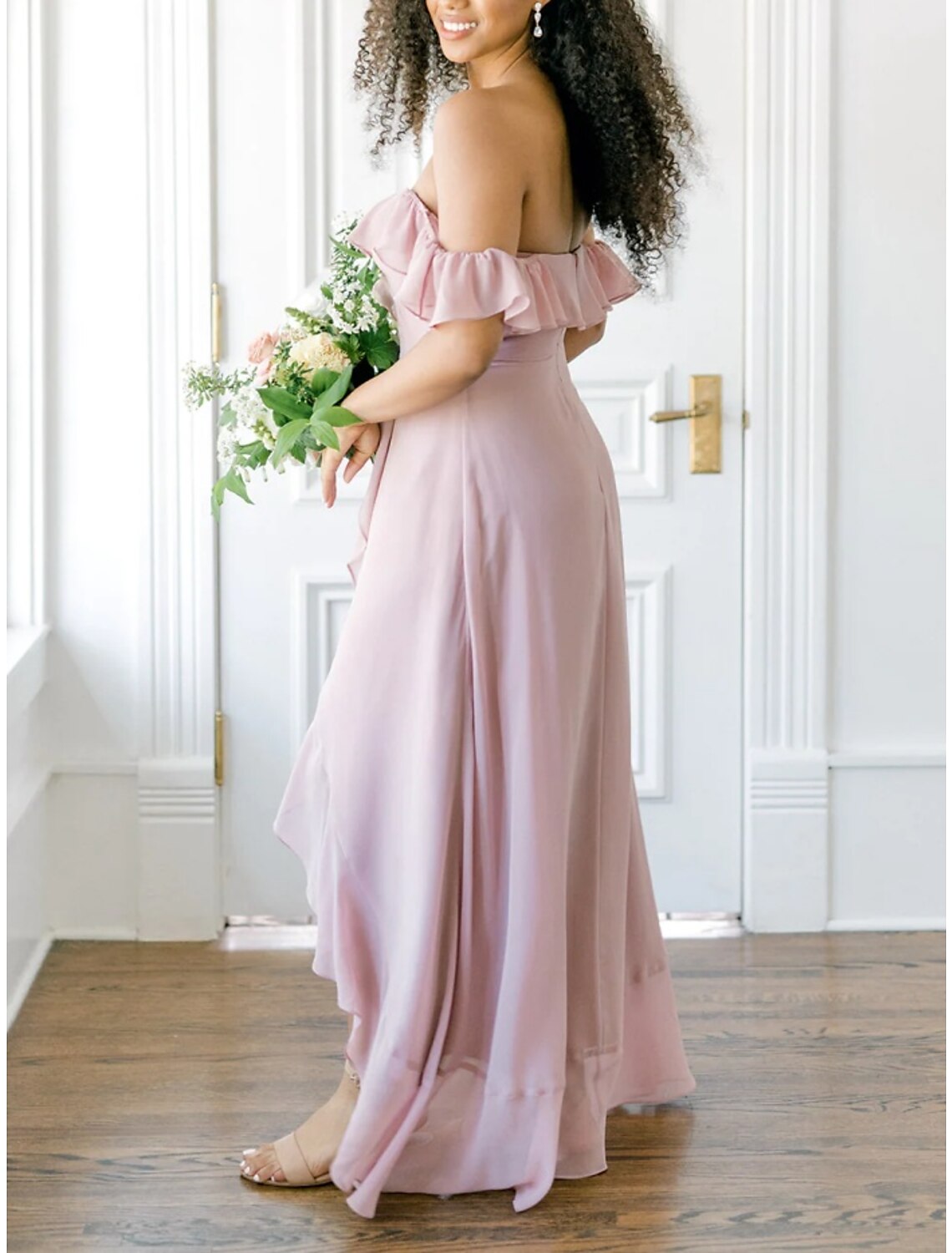 A-Line Bridesmaid Dress Off Shoulder Short Sleeve Elegant Asymmetrical Chiffon with Ruffles / Split Front / Ruching-SOGOTADE