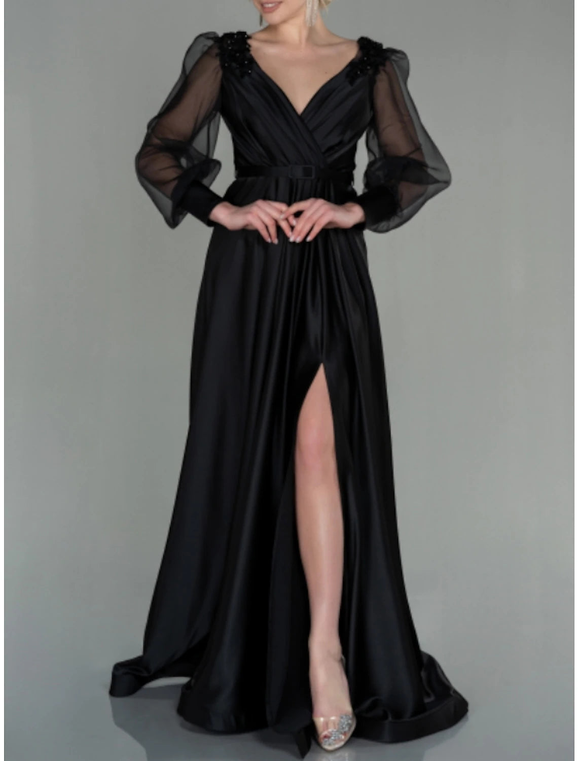 A-Line Evening Gown Elegant Dress Formal Fall Floor Length Long Sleeve V Neck Satin with Pleats Slit Shouder Flower 2024-SOGOTADE