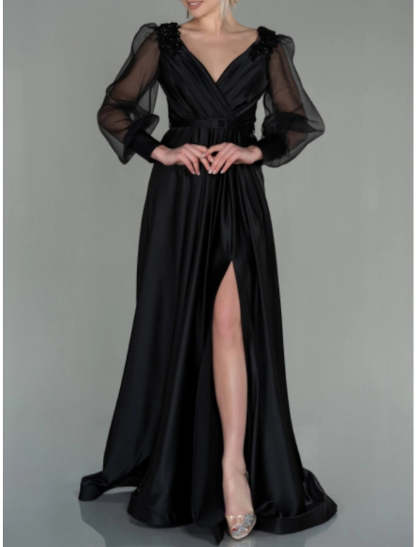 A-Line Evening Gown Elegant Dress Formal Fall Floor Length Long Sleeve V Neck Satin with Pleats Slit Shouder Flower 2024-SOGOTADE