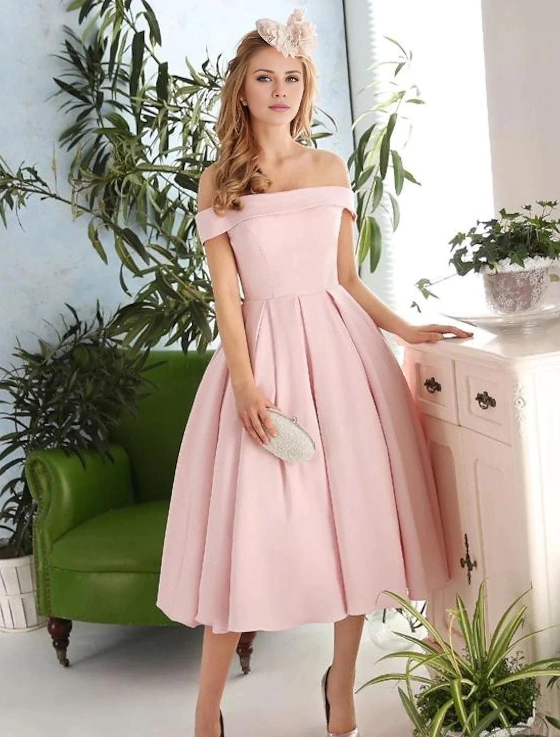A-Line Cocktail Dresses Vintage Dress Engagement Cocktail Party Tea Length Sleeveless Off Shoulder Stretch Fabric with Pleats-SOGOTADE