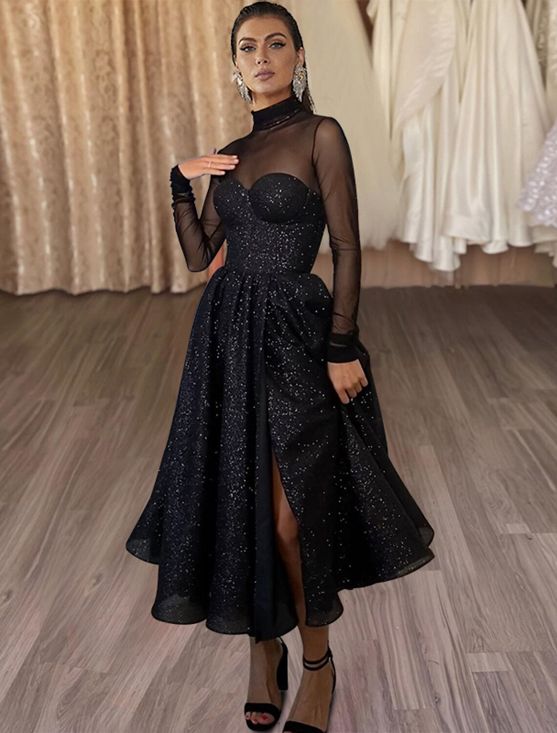 A-Line Cocktail Dresses Sparkle & Shine Dress Wedding Guest Party Wear Tea Length Long Sleeve High Neck Wednesday Addams Family Tulle with Glitter Slit-SOGOTADE