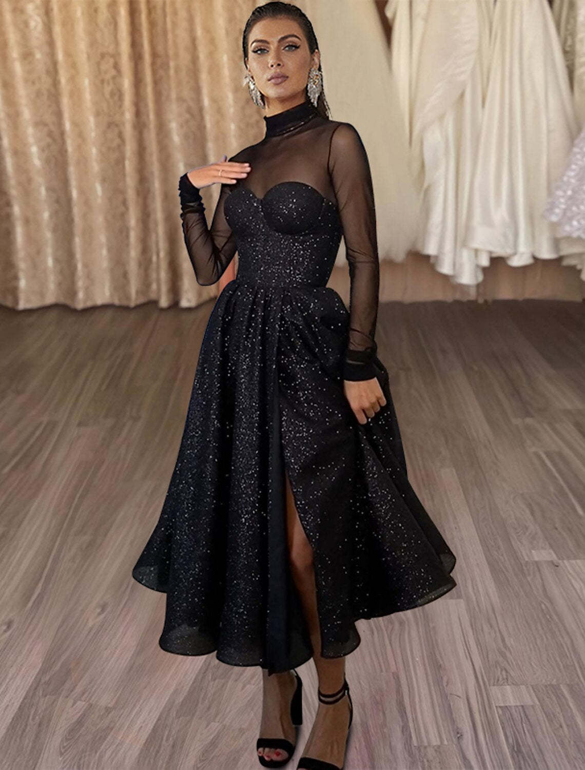 A-Line Cocktail Dresses Sparkle & Shine Dress Wedding Guest Party Wear Tea Length Long Sleeve High Neck Wednesday Addams Family Tulle with Glitter Slit-SOGOTADE